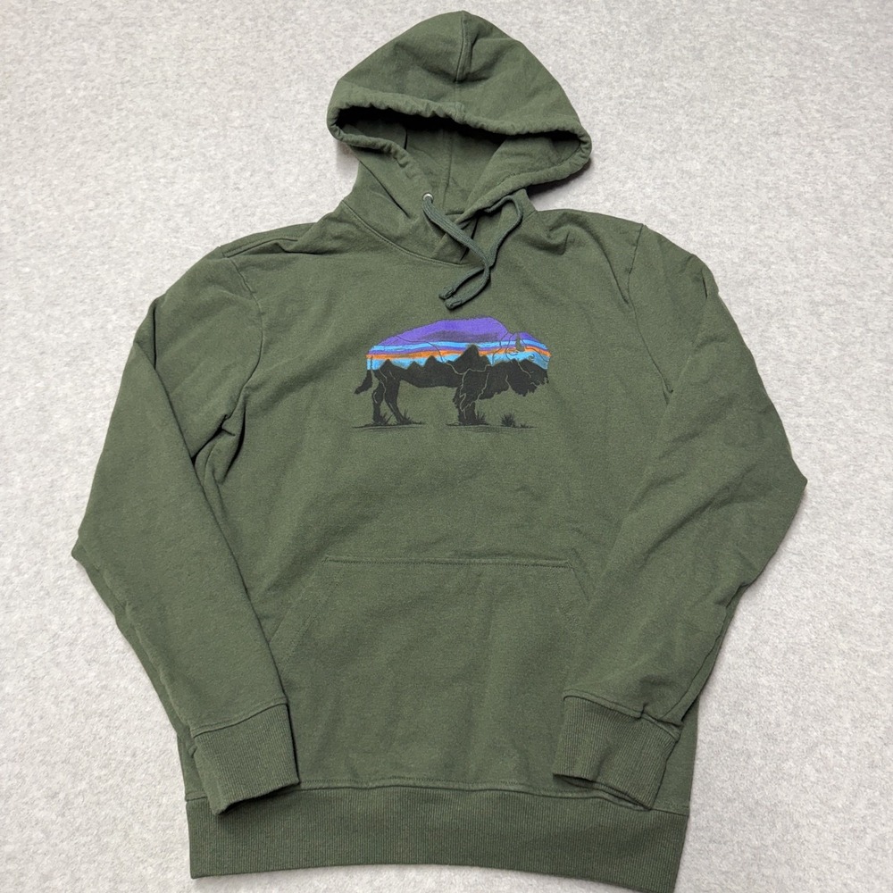 Patagonia Mens Small Green Uprisal Bison Pullover Fleece Hoodie 39582FA19